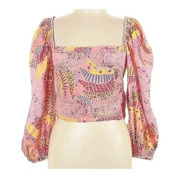 Farm Rio Anthropologie Embroidered Tropical Blouse Bananas L Long Sleeve Shirt - Picture 8 of 9